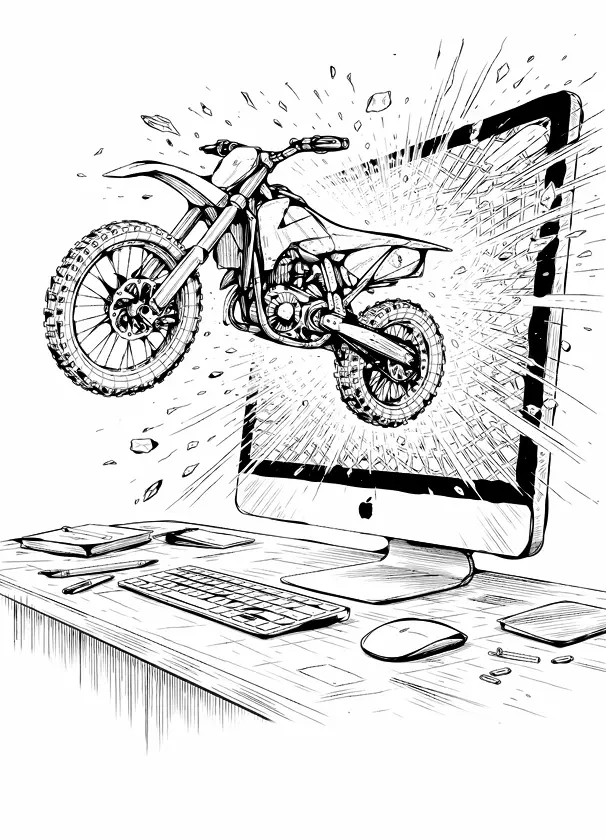 Moto saindo da tela de um computador